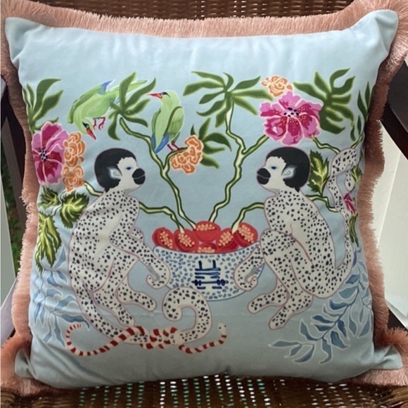 Pillow Cover Blue Monkeys OR Pink Green Staffordshire Dogs Grandmillennial NEW - Picture 4 of 17